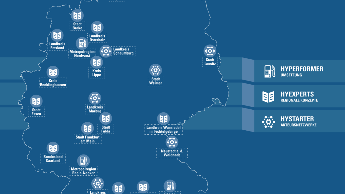 Karte zeigt die Standorte der HyLand-Gewinnerregionen