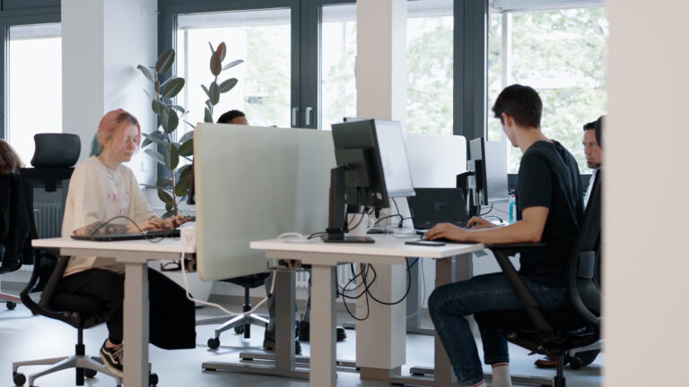 NOW-Mitarbeitende sitzen an Schreibtischen und arbeiten in PCs