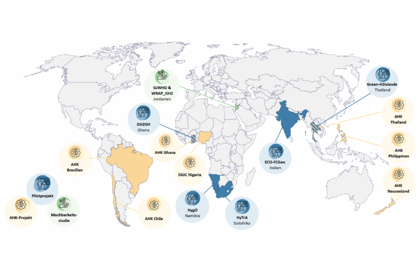 Weltkarte mit Projektstandorten der EXI: Brasilien, Chile, Ghana, Nigeria, Jordanien, Namibia, Süadfrika, Indien,Thailand, Philippinen, Neuseeland